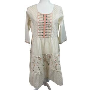 Beaded Embroidered Traditional Kurti 100% Cotton Tiered Tunic Dress XL